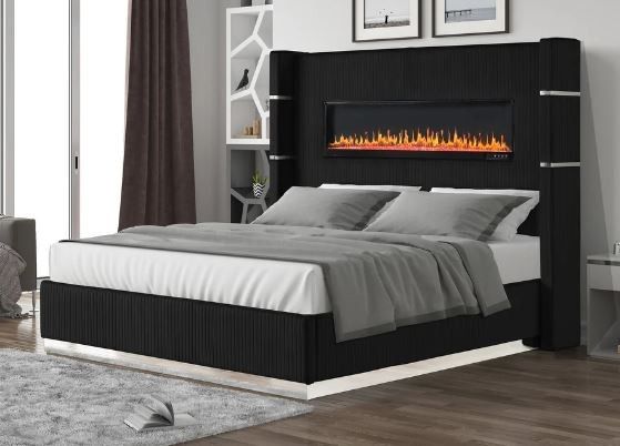 Black Velvet Lizelle Fireplace Bluetooth Speaker Queen Size Bed Frame Special