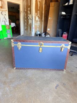 Vintage Blue Steamer Trunk with Brass Hardware