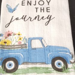 2 Piece Set Kitchen Hand Dish Tea Towels Enjoy The Journey Blue Farm Truck 