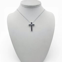 18k White Gold Cross Pendant with Diamonds and Sapphires with 14" Necklace.