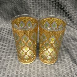 Pair of Vintage Culver Valencia Gold Green Diamond Highball Glasses  