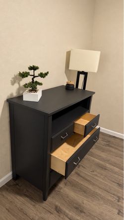 Black Dresser with Open Shelf and Drawers