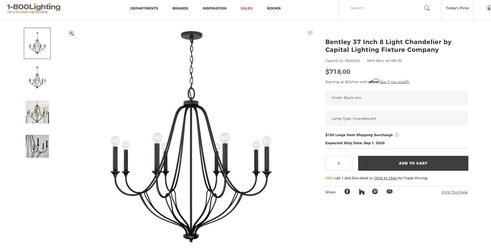 NEW IN BOX-Bentley 8-Light Black Iron Chandelier