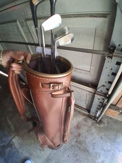 Vintage Leather Golf Bag with Clubs