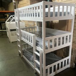 Triple twin bunk bed. Available in white & espresso. Assembly required.  Assembly not included.  Tax included.  Free local delivery. -$450