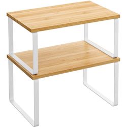 Cabinet Organizer Shelf, Set of 2 Kitchen Counter Shelves, Kitchen Storage, Spice Rack, Stackable, Expandable, Metal and Engineered Wood, Cloud White