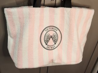 Victorias Secret Tote Bag Pink White Stripe BRAND NEW XL 21x14x8 Snap Closure Oversized Embroidered Angel Logo Terry Cloth