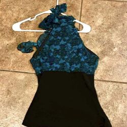 Vintage Y2k Medium Teal Black Floral Halter Top