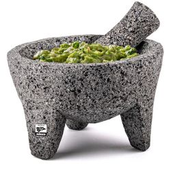 Genuine Handmade Mexican Mortar and Pestle Set- 8 Inches, Molcajete Mexicano — Mexican Cookware Perfect as Salsa Bowls, Guacamole Bowl and Masher, Mor