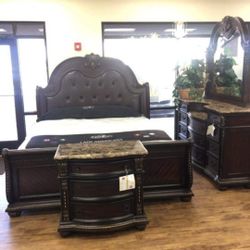 Cherry Brown Upholstered Sleigh Bedroom Set, Bed, Dresser, Mirror, Nightstand/ Mattress Sold Separately 