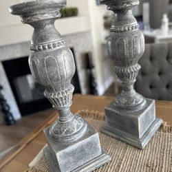 Beautiful Pair Of Pillar Candle Holders Gray Distressed Finish
