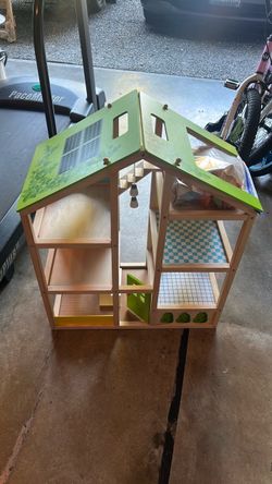 Wooden Dollhouse with Green Roof
