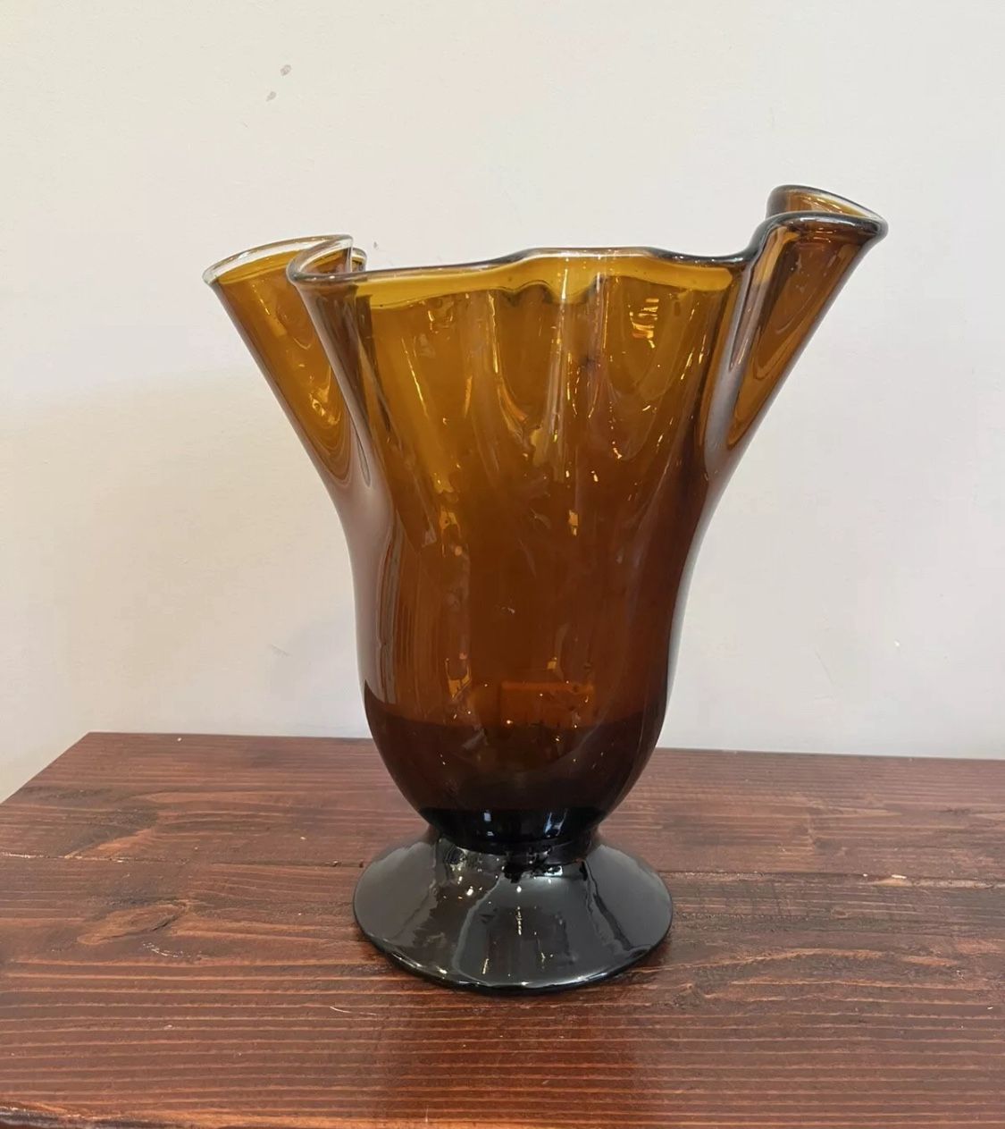 Murano Style Vase Art Glass Vintage Big Handblown Free Form Ruffle Amber Footed