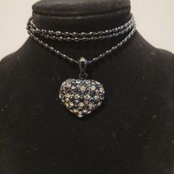 Crystal Heart Pendant Necklace Black & Clear Pave Crystal 30" Black Chain F9 