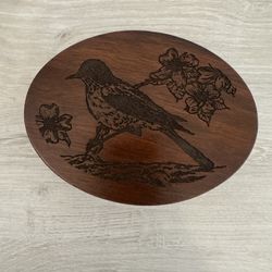 Vintage Decatur Industries Wood Jewelry Box - Engraved Bird & Flowers - Made in USA 