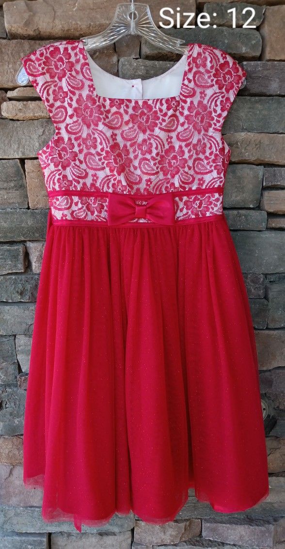 ❤️ JONA MICHELLE, Red & White Floral Lace & Tulle, Fully Lined, Girls Party Dress with a Sparkly Full Twirl Skirt! 🌹 Size: 12