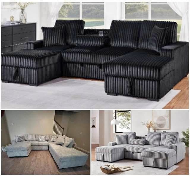 JUST ARRIVED!! 9ft by 6ft CORDUROY FLUFFY SECTIONAL WITH PULL OUT BED AND BUILT-IN STORAGE!! $975!