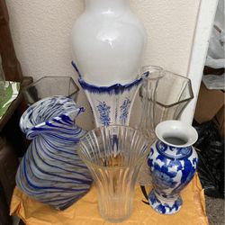 Very Nice Vases 2 Blue Cobalt Each $20; 3 Cristal Each $ 20 & Glasses $10 