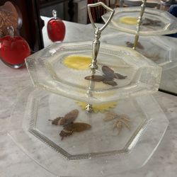 Chatterbox Originals Boho Retro Butterfly And Flower Serving 2/Tier Tray Lucite Acrylic 