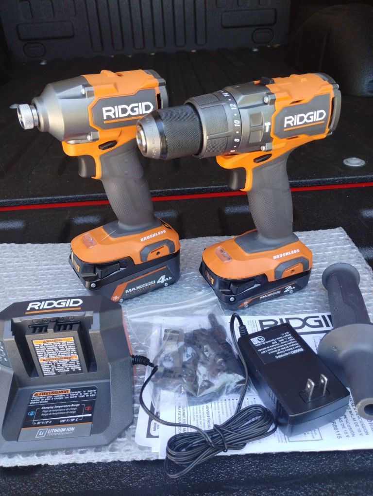 Brand New Ridgid 18V Brushless Cordless 2-Tool Combo Kit with Hammer Drill, Impact Driver, (2) Batteries, Charger, and Bag
