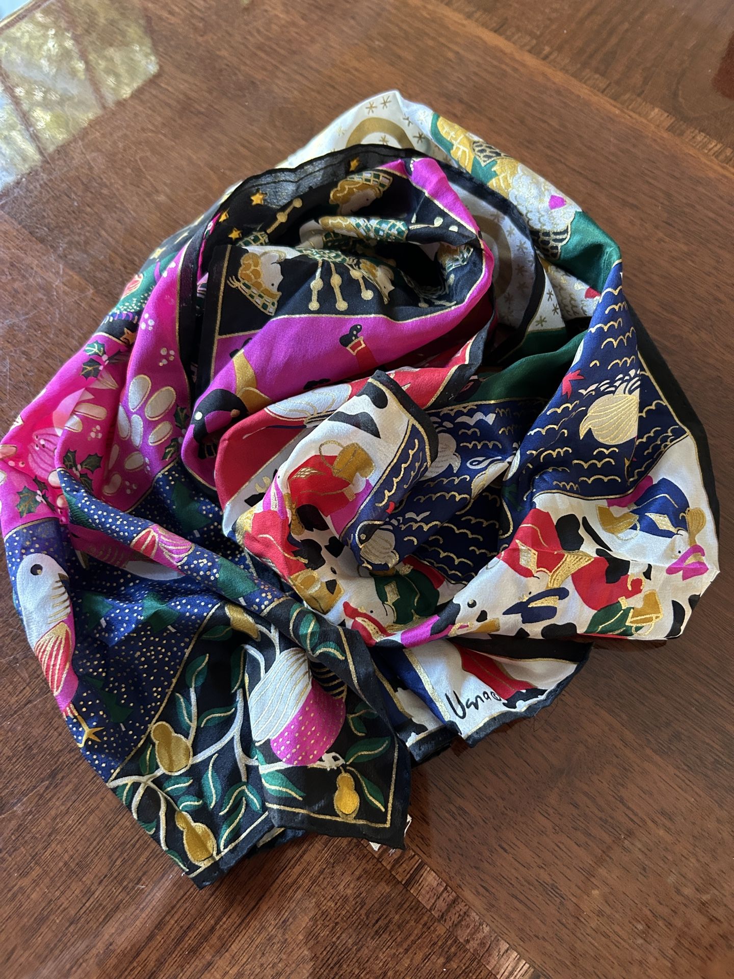 Vera Bradley designer rectangular, colorful, all silk scarf, 10” x 52”