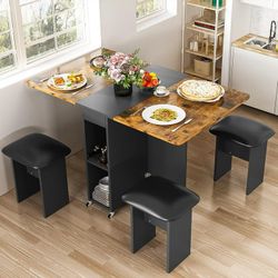 Folding Dining Table Set for 4, Dinner Table with 4 Leather Chairs and Shelves, Space Saving Foldable Dining Table with 6 Wheels, Kitchen Table Set fo