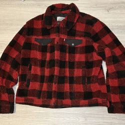 LEVIS SHERPA TRUCKER JACKET CRIMSON BUFFALO RED BLACK PLAID SIZE XL