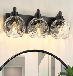 3-Light Black Bathroom Vanity Light, Hammered Glass Globe Shade - B278