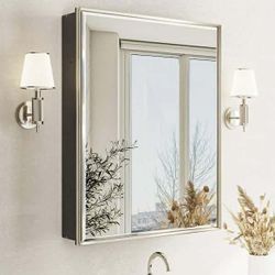 NEW IN BOX - 24 in W x 30 in H Brush Nickel Rectangular Aluminum Medicine Cabinet with Beveled Mirror, Recessed or Surface