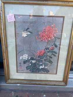 Vintage bird Asian wood block signed print artwork