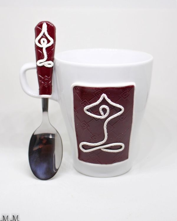 Coffee Mug And Spoon With Handmade Polymer Clay Decoration For