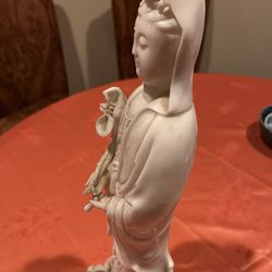 delicate Guan Yin goddess porcelain statue  female Buddha   fertility and compassion .  16” tall  4”-6” Across 