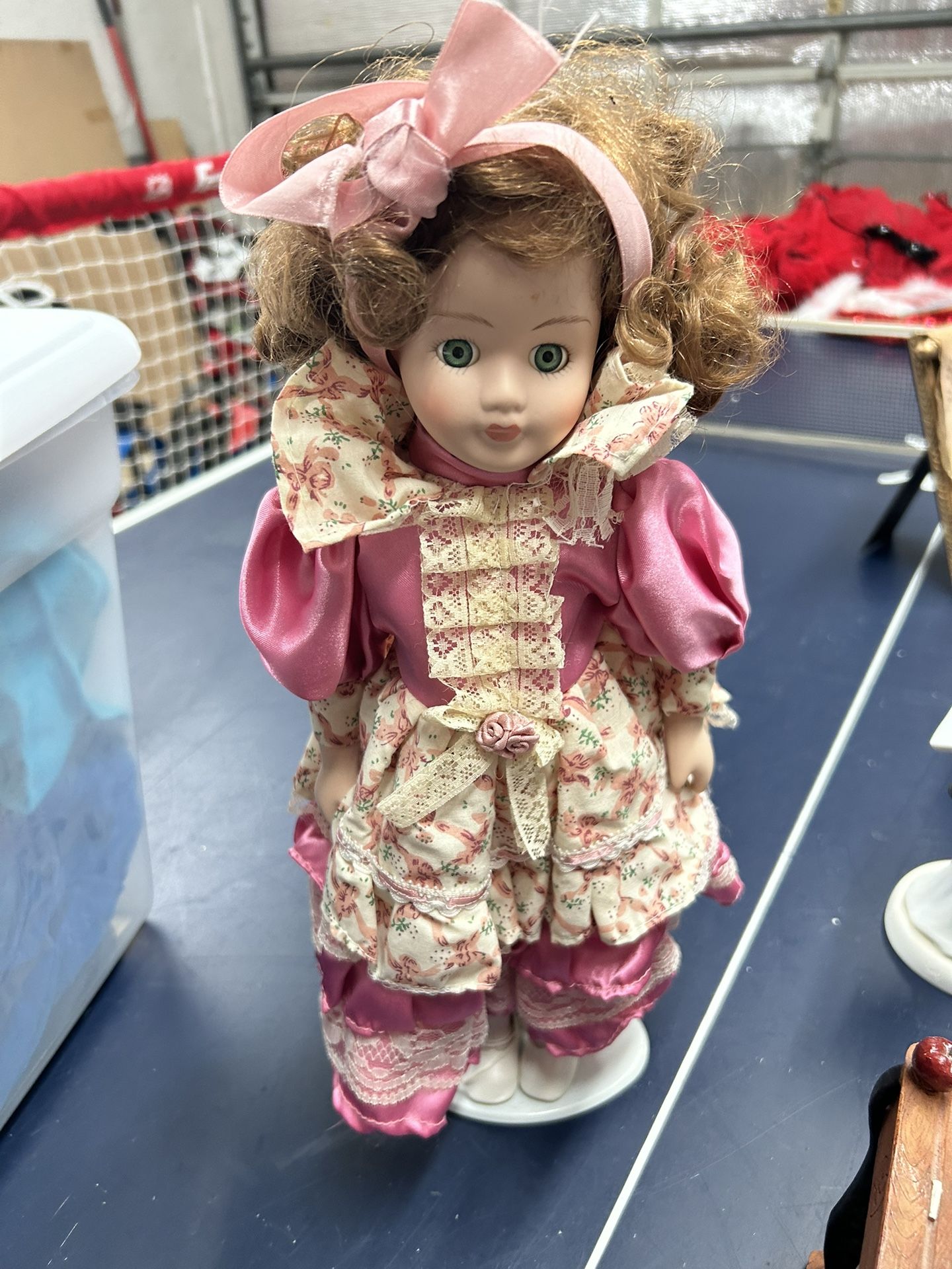Vintage Porcelain Doll on Stand