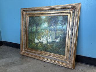 “The Goose Keeper” Oil Painting Print on Canvas in Ornate Carved Gilt-Wood Frame