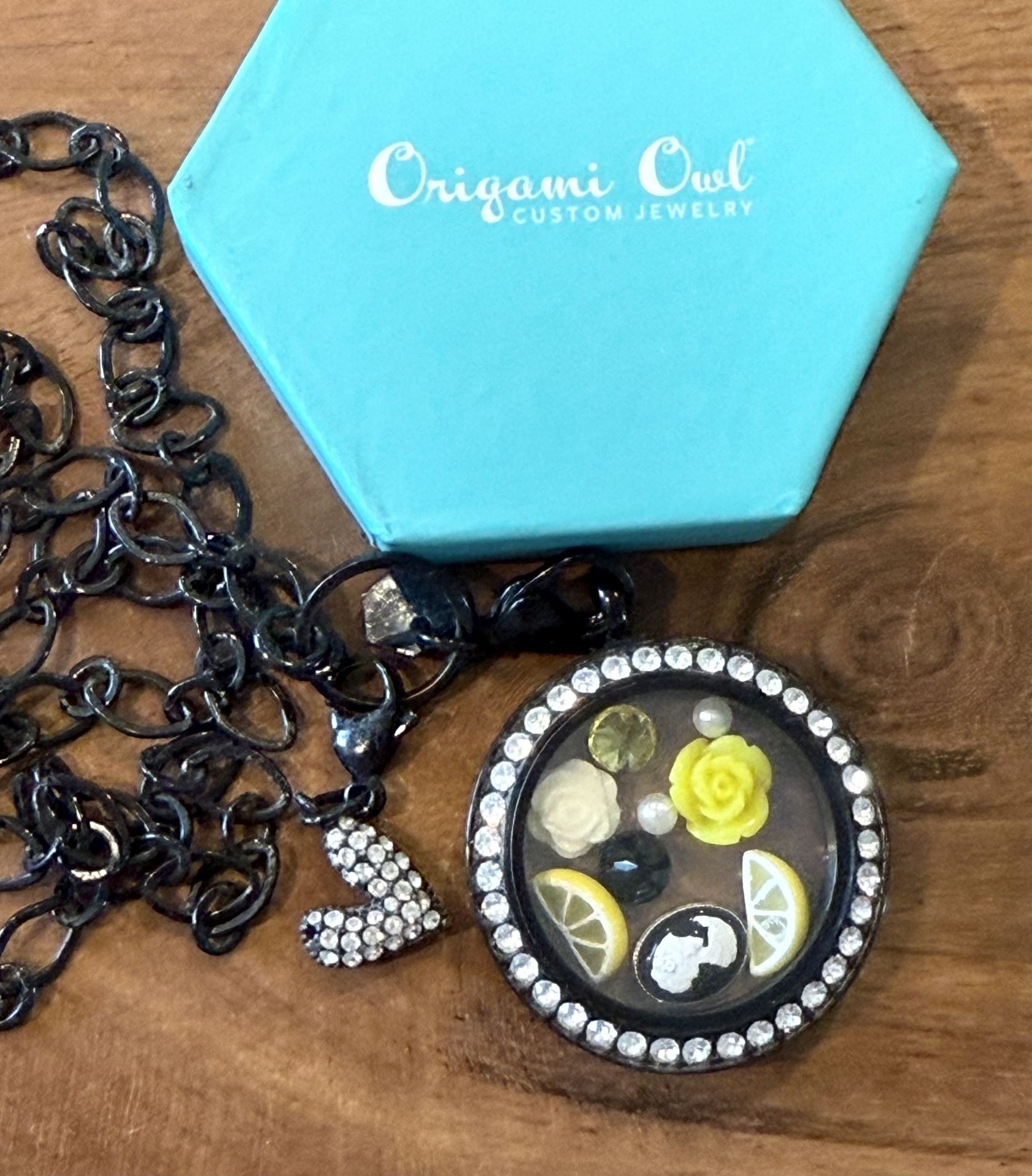 Origami Owl Living Locket Rhinestone Necklace Lemons Citrus Jewelry NEW Heart Roses Flower Only 1 Available  9 floating charms. Locket opens