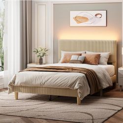 Full Size Bed Frame with Adjustable Headboard,LED Lighting,Vertical Channel Tufted Corduroy Upholstered, Solid Wooden Slats Support,No Box Spring Need