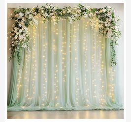 Sage Green Tulle Backdrop Curtains with Lights String 10FT X 8FT Sheer Curtain with Lights Tulle Curtains Backdrop for Wedding Birthday Party Photo Sh