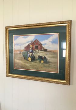 Beautiful framed print 34” x 28” Little boy on John Deere tractor at farm with puppies
