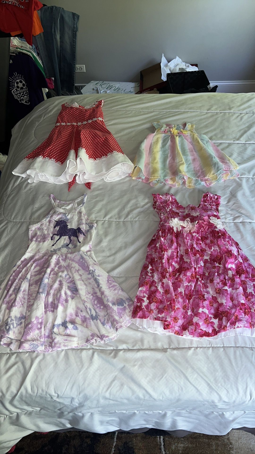 Toddler girl size 4 dresses & shirt. Pink is Laura Ashley. Unicorn is Sonoma. Polka dot is rare editions. Striped shirt is Little me size 4T has tiny 