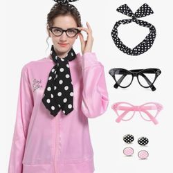 7 Pieces 1950s Pink Satin Jacket Halloween Cosplay Costume Set for Women Girl 3 Xl And L