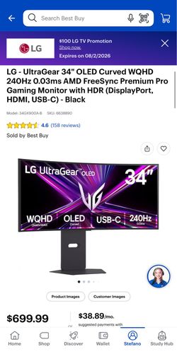 LG UltraGear 34” OLED Curved WQHD 240Hz Gaming Monitor (34GX90A-B) – Like New