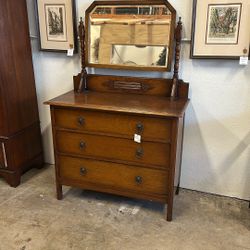 Antique Three Drawer Dresser With Mirror