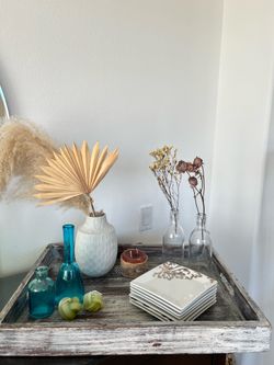 Rustic Wooden Tray with Decorative Vases and Plates
