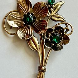 VINTAGE FLOWER BOUQUET GREEN STONE STERLING STERLING SILVER 1/20 12K GF 12K GOLD FILLED BROOCH PIN ‼️ Price Is FIRM ‼️