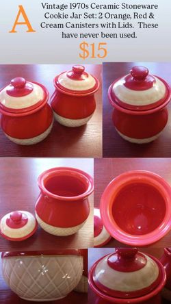 Vintage 1970s Ceramic Stoneware Cookie Jar Set: 2 Orange, Red & Cream Canisters with Lids