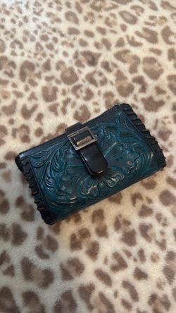 Teal Tooled Leather Wallet with Buckle Closure