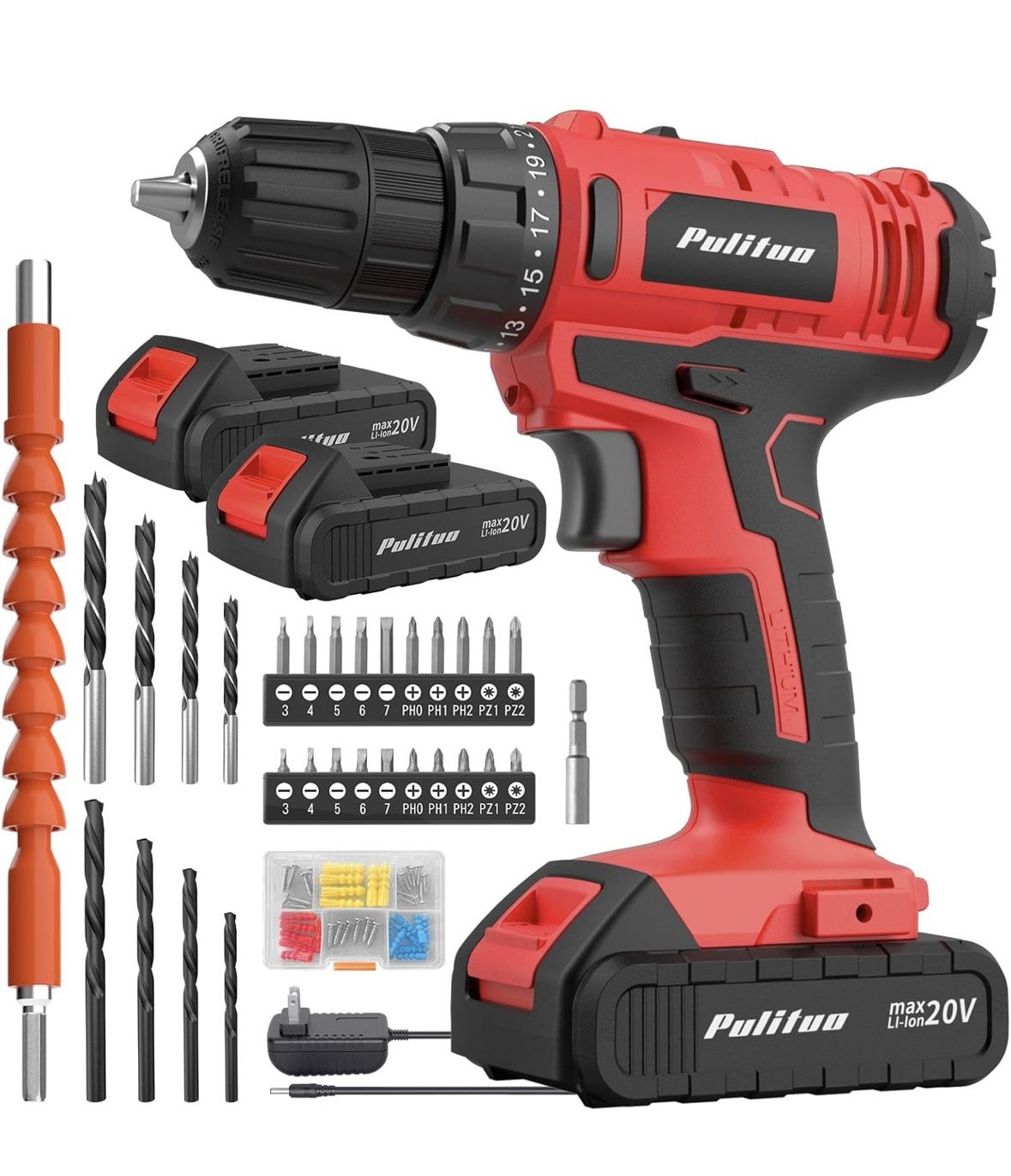 PULITUO 20V Cordless Drill/Driver, 2 Batteries Electric Screwdriver, 30Nm Power Drill Driver, 21+1 Torque, 2 Speed, 3/8"Keyless Chuck, power Drill wit