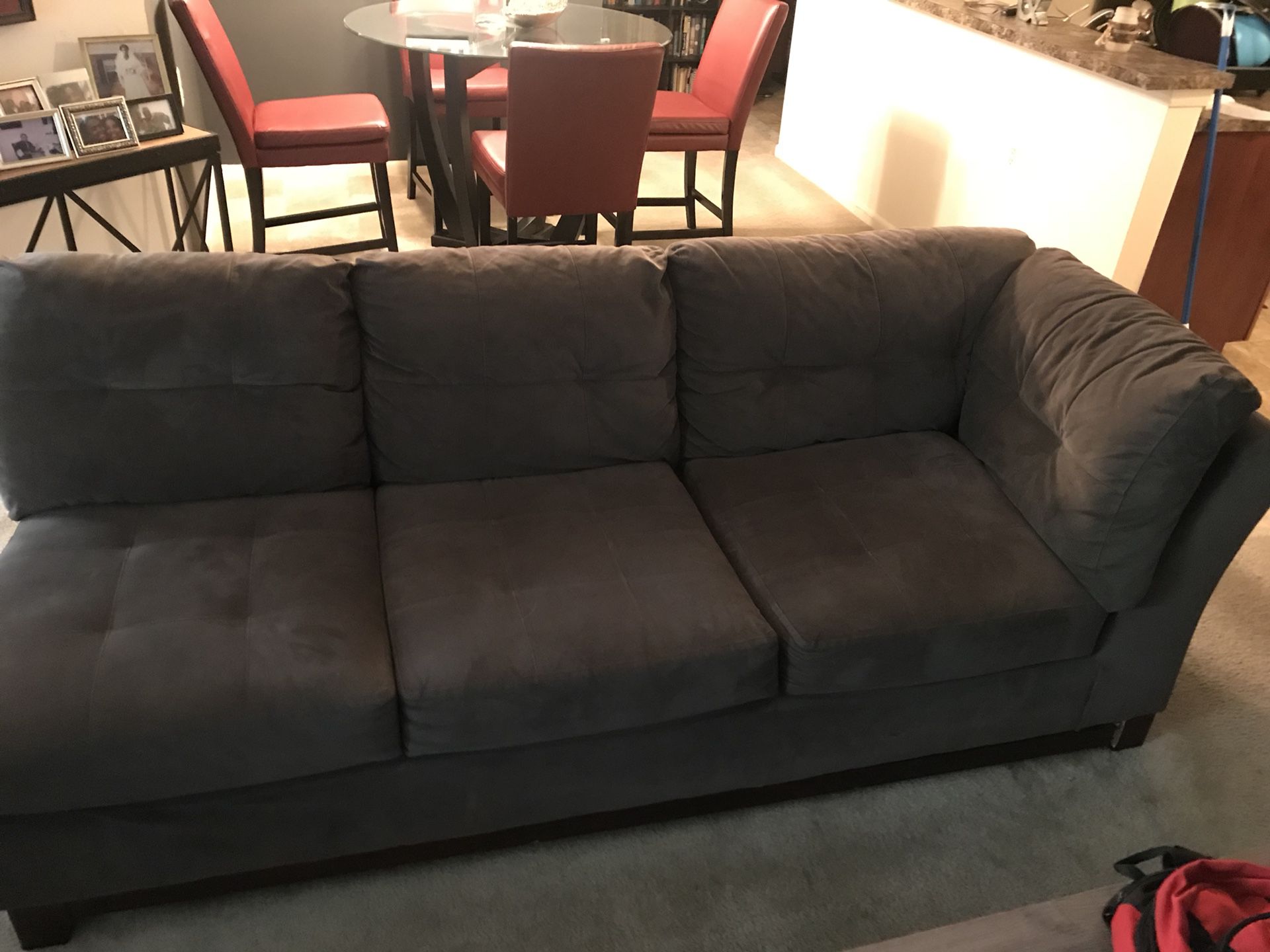 Long Grey micro suede sofa- smoke free home with 1 occupant