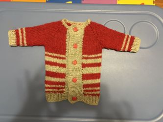 Hand Knit Sweater Wool With Buttons Red And Gray Long Sleeves Size 9-12 Months