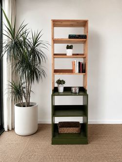 One-of-a-Kind Refinished Tall Bookcase – Olive Green & Wood Finish
